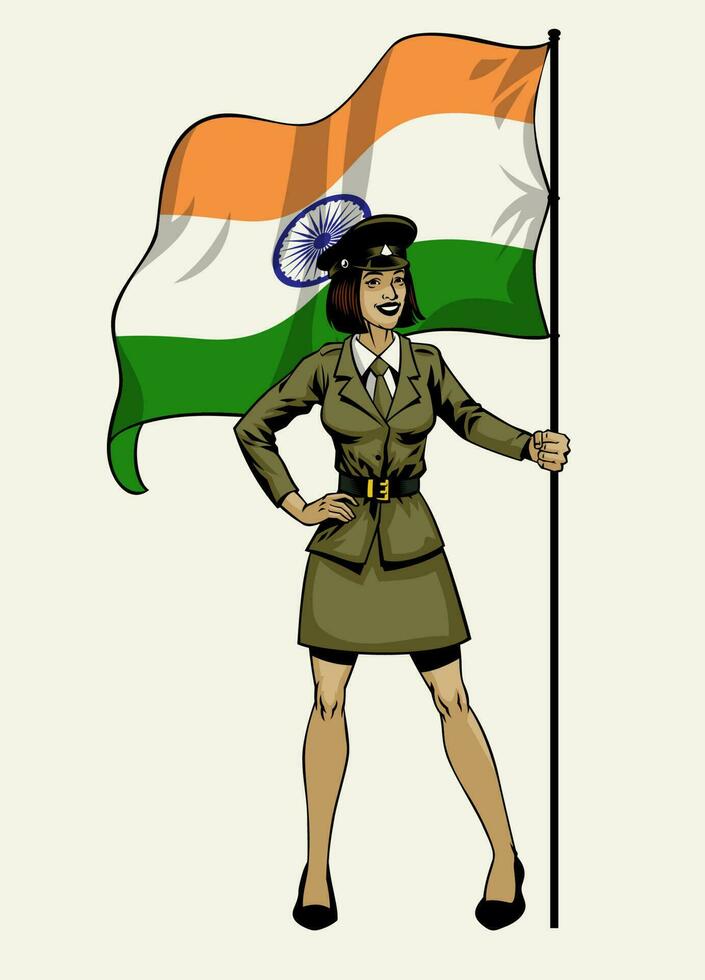 militar mujer sostener el bandera de India vector