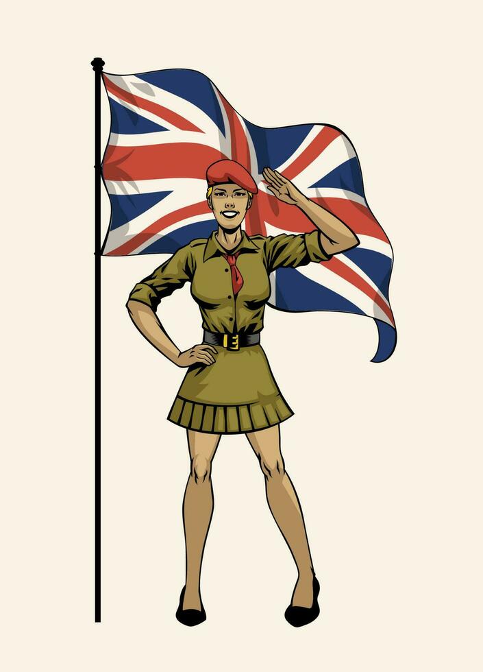 United kingdom woman wearing military uniform with Union Jack Flag Background vector