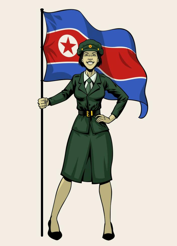 norte coreano mujer militar Ejército en pie sostener el bandera vector
