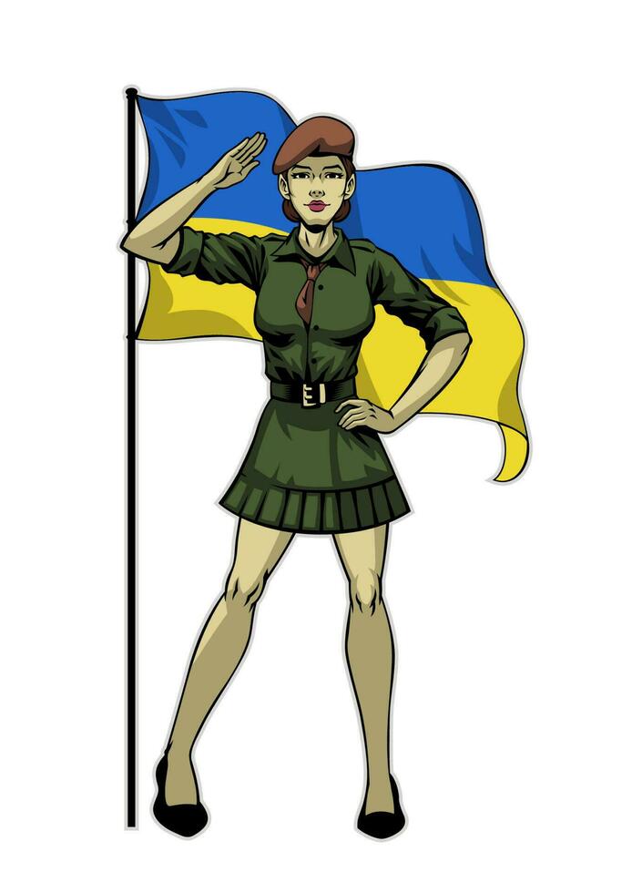 women soldier saluting with Ukrania Flag fly background vector