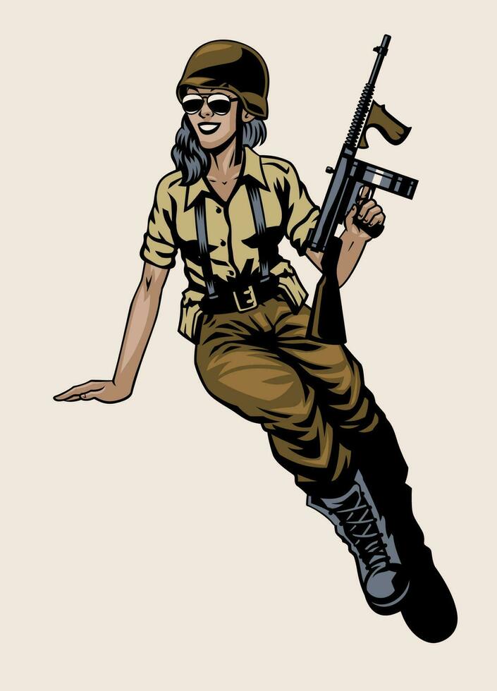 WW2 Pin Up Girl Soldier Pose vector