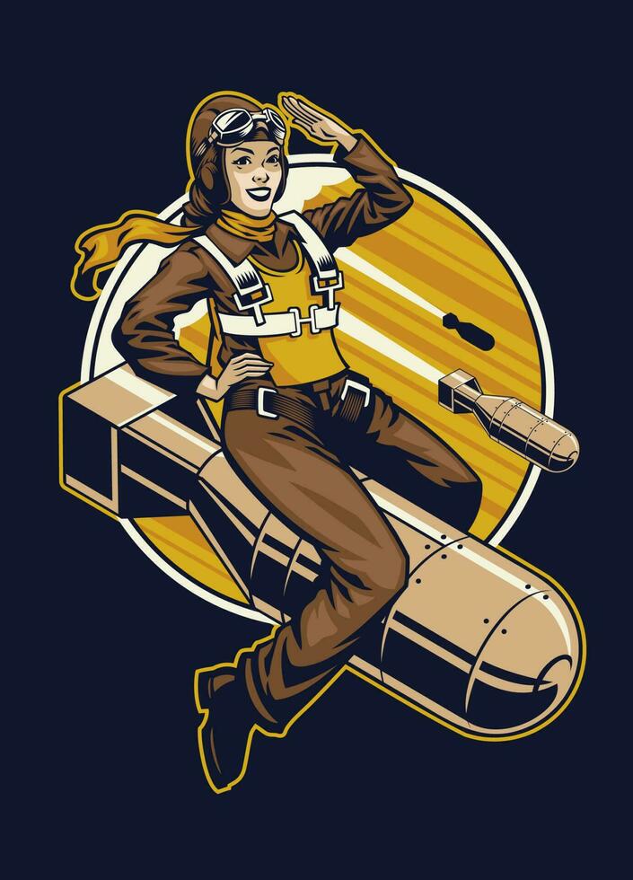 Women WW2 Military Pilot Riding the Nuke Bomb vector