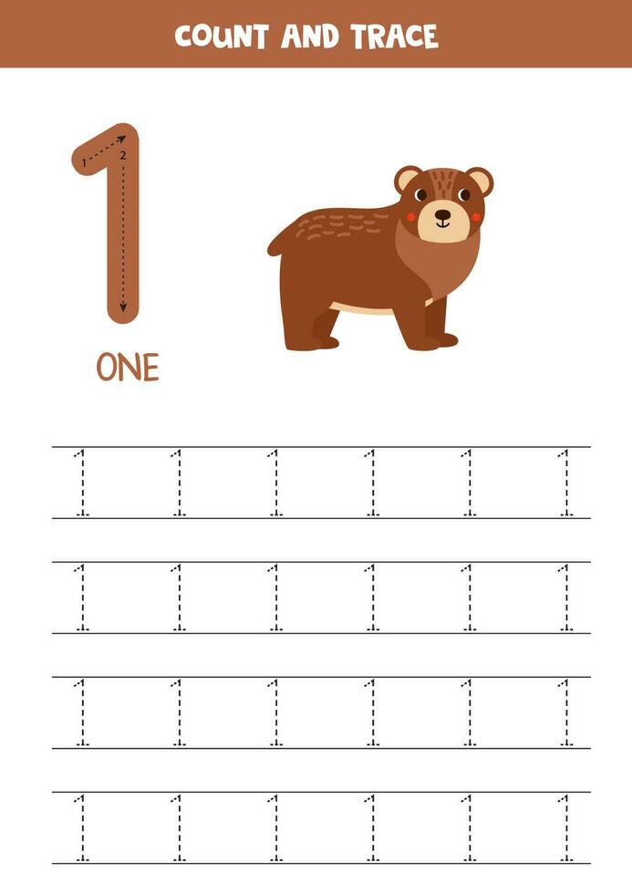 Trace numbers. Number 1 one. Cute cartoon bear. vector