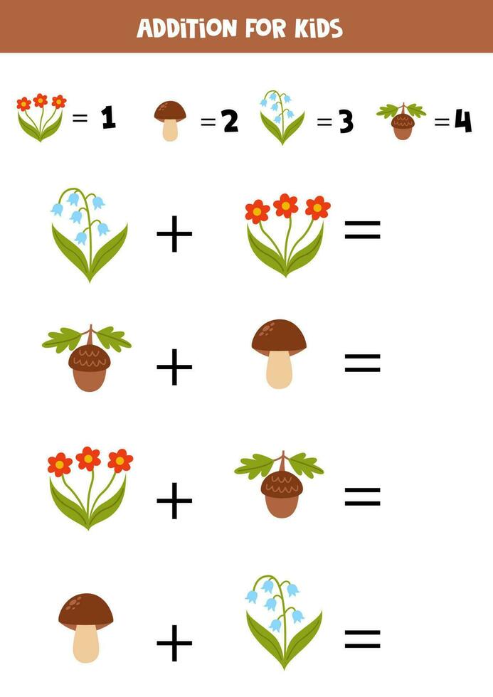 Addition for kids with different cute forest elements. vector