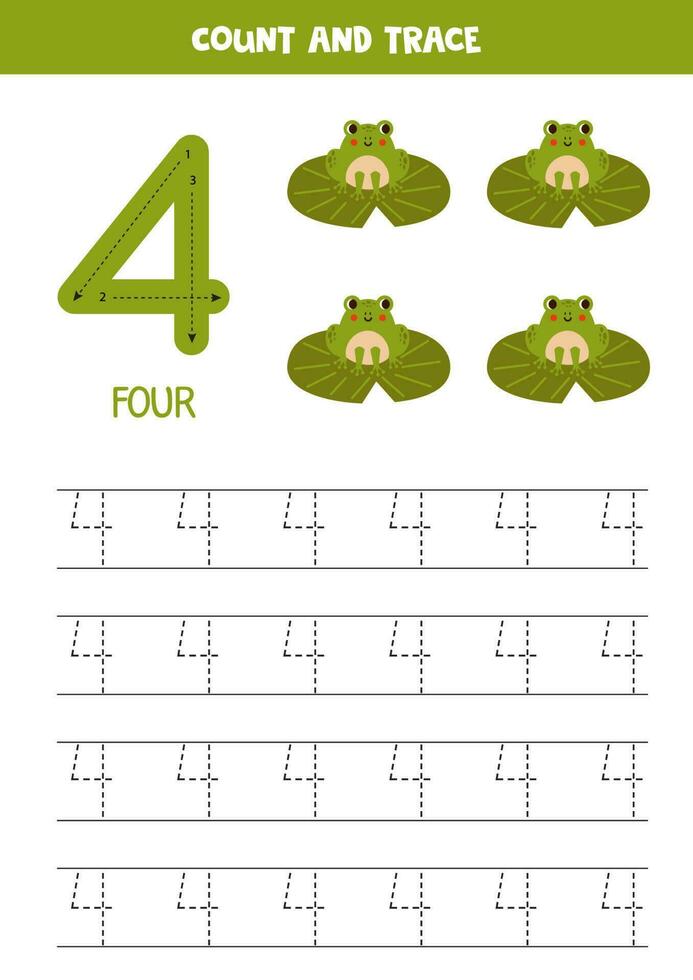 Trace numbers. Number 4 four. Cute cartoon frogs. vector