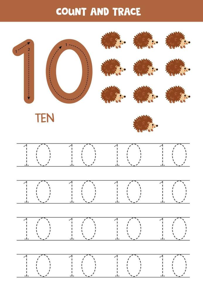 Trace numbers. Number 10 ten. Cute hedgehogs. vector