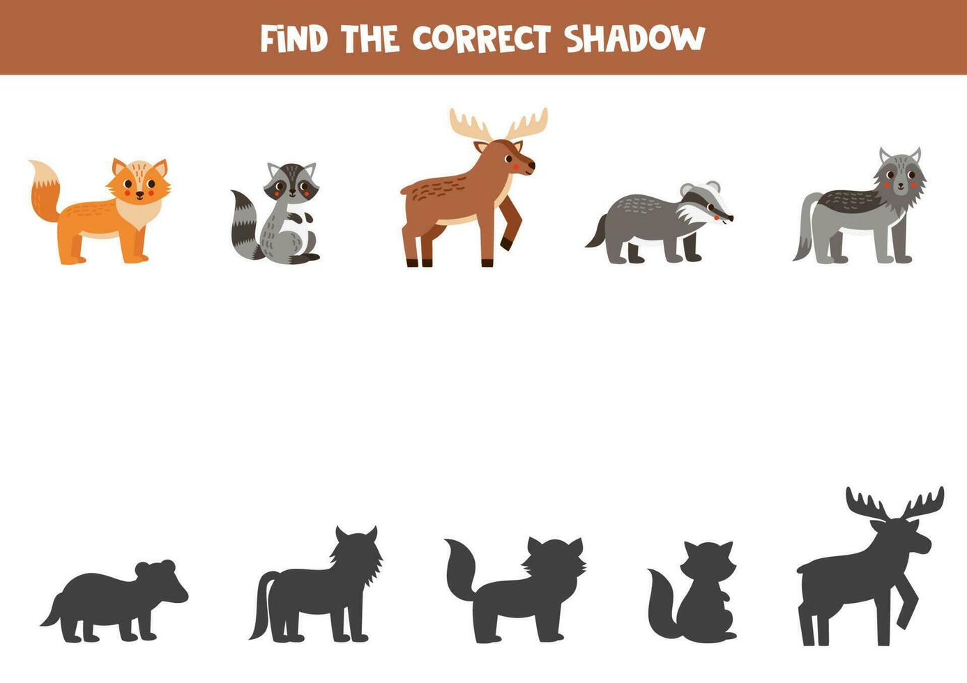 Find the correct shadows of cute forest animals. Logical puzzle for kids. vector