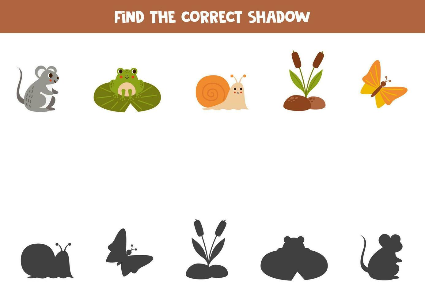 Find the correct shadows of cute forest animals. Logical puzzle for kids. vector