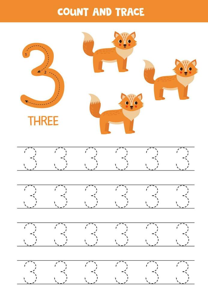 Trace numbers. Number 3 three. Cute cartoon foxes. vector