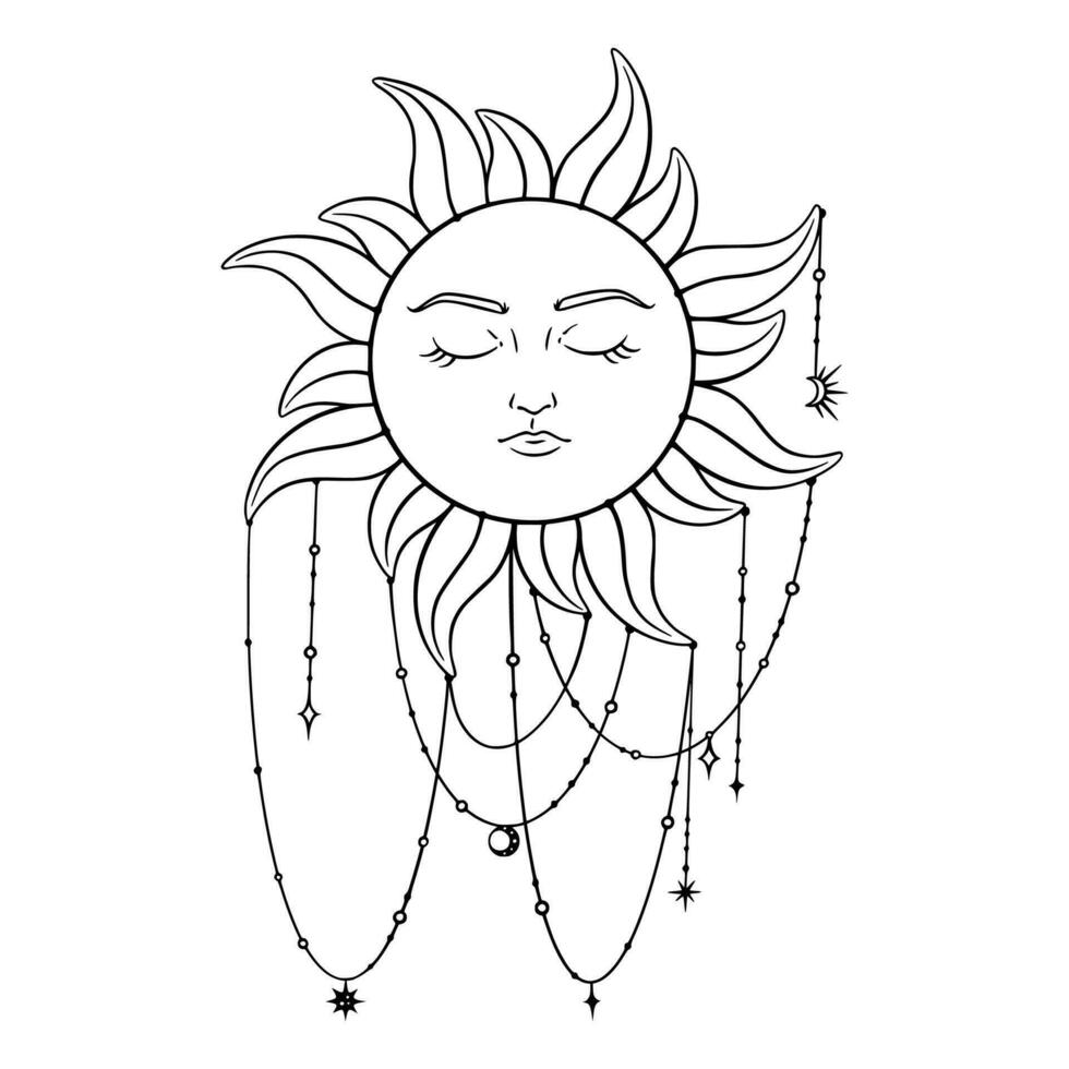 Tarot sun esoteric symbol. Spiritual tarot sun element with moon and stars pendants. Vector illustration