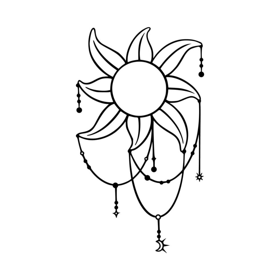 Tarot sun sketch. Boho tarot sun element with moon and stars pendants. Vector illustration