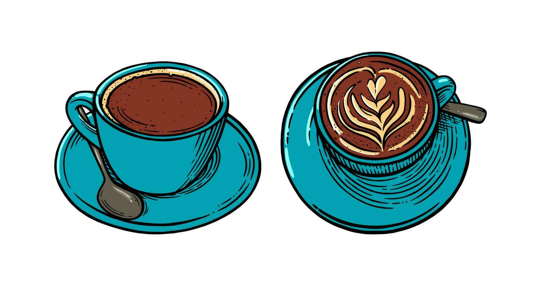 Coffee cups with cappuccino. Sketch of coffee mugs. Vector illustration