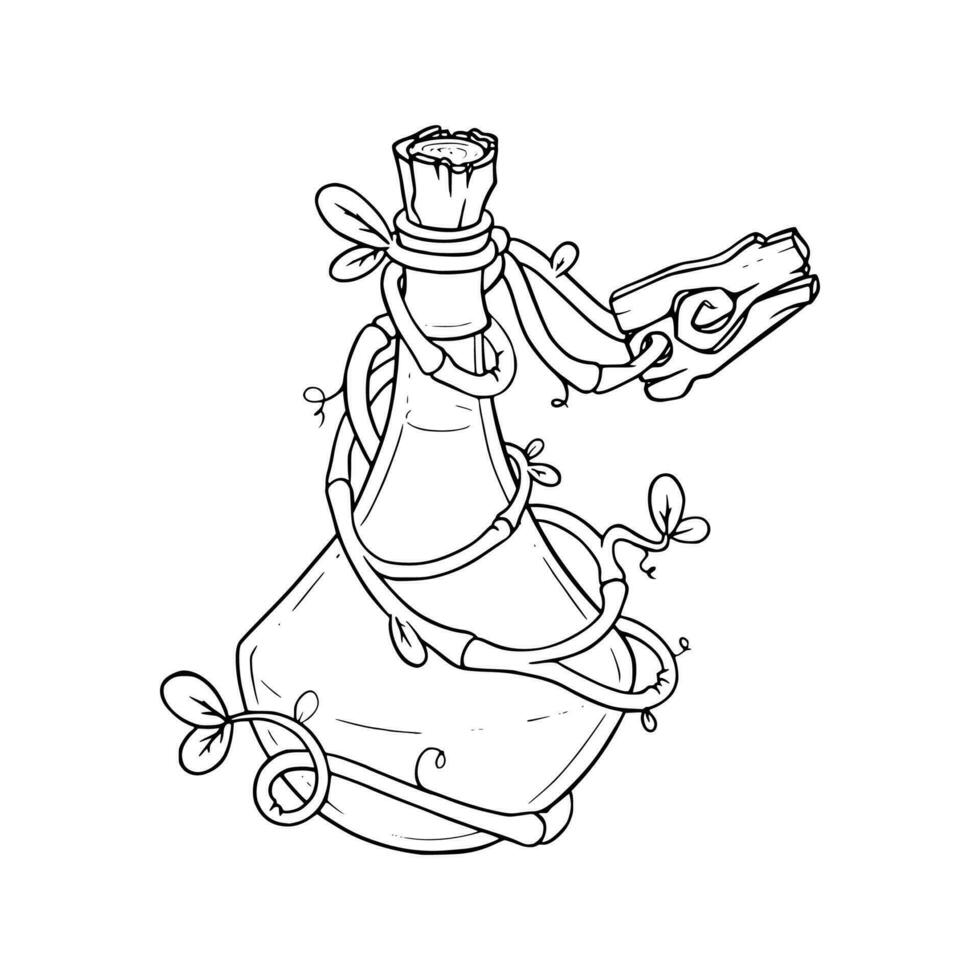 Potion bottle for games. Sketch of vine covered elixir bottle. Vector illustration