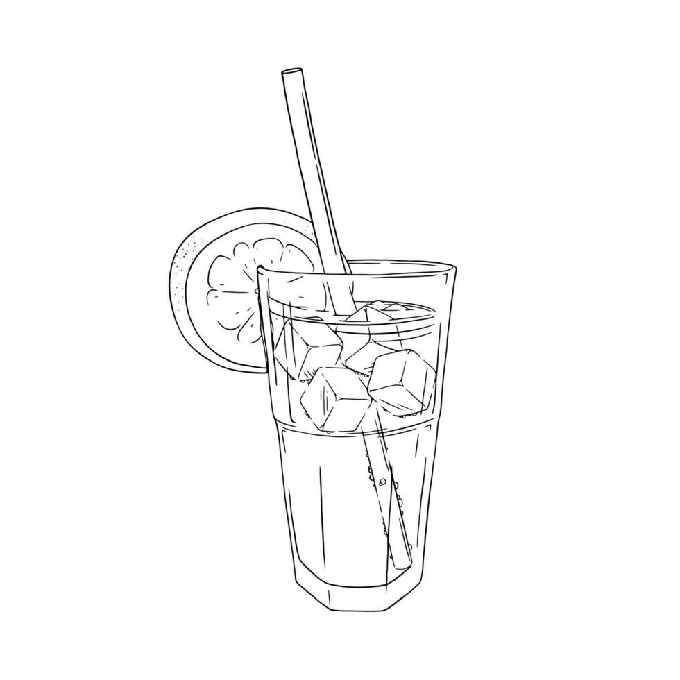Cocktail glass with lemon, ice and straw. Tropical cocktail beverage isolated in white background. Vector illustration