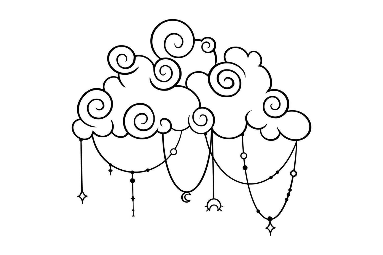 Tarot cloud sketch. Curly cloud with lunar and star pendants. Vector illustration