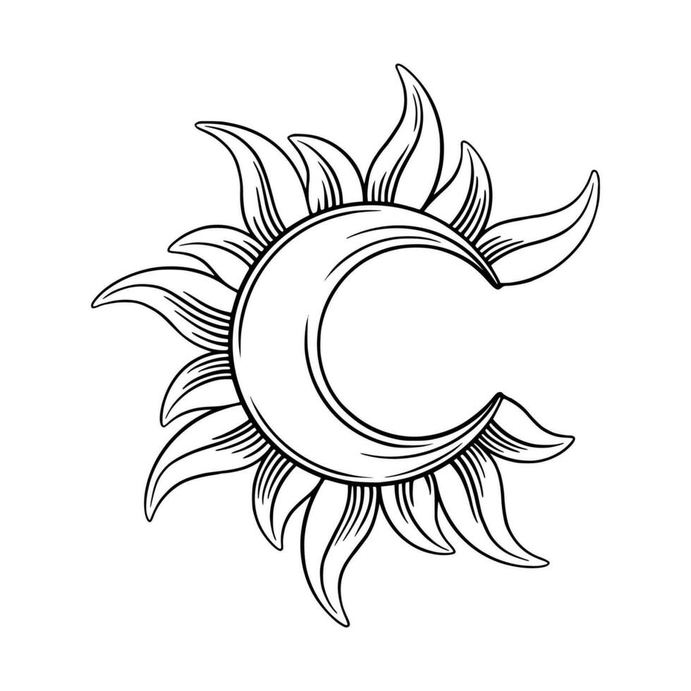 Tarot crescent moon sketch. Spiritual tarot moon or sun eclipse. Vector illustration