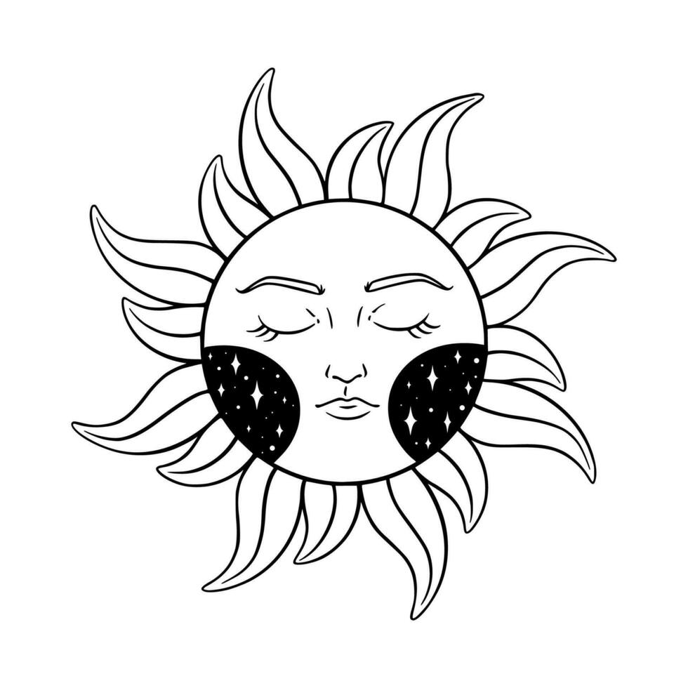 Tarot sun with stars sketch. Celestial tarot element of sleeping sun Vector illustration