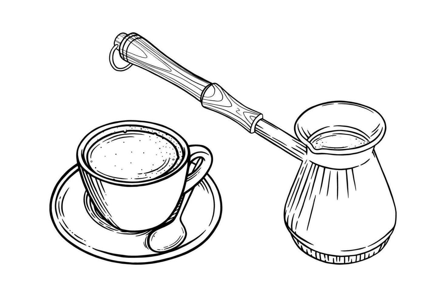 Coffee cup with cappuccino and turkish pot. Sketch set of coffee mug and pot. Vector illustration