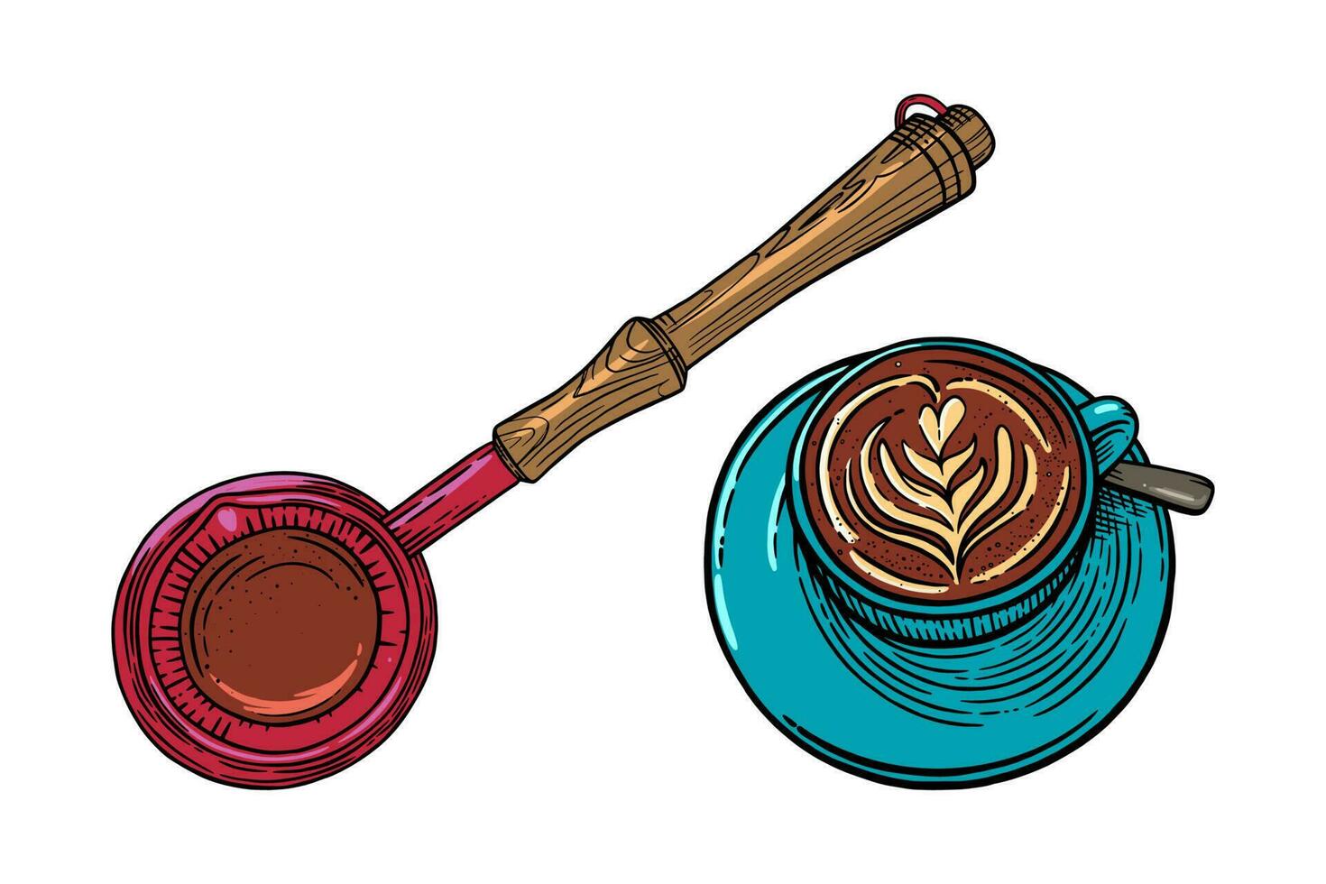 Coffee cup with cappuccino and turkish pot. Sketch set of coffee mug and pot. Vector illustration