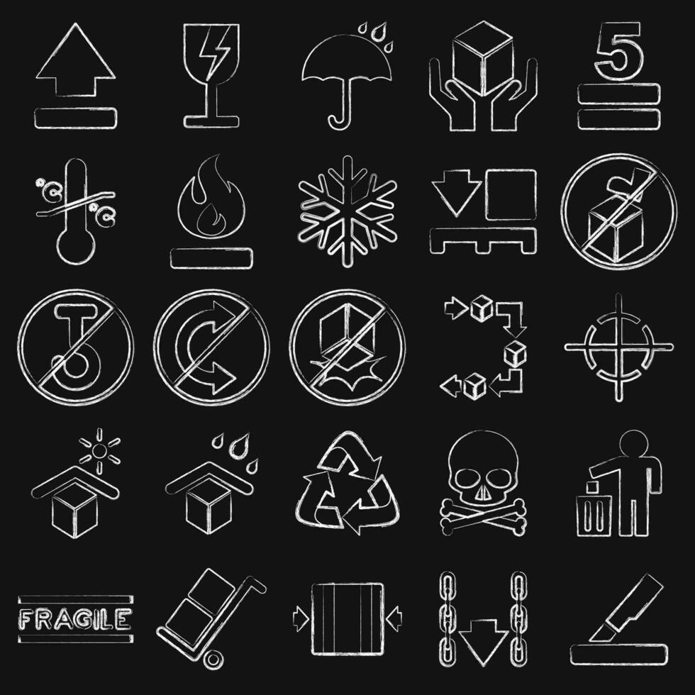 Icon set of packaging sign. Packaging symbol elements. Icons in chalk style. Good for prints, posters, logo, product packaging, sign, expedition, etc. vector