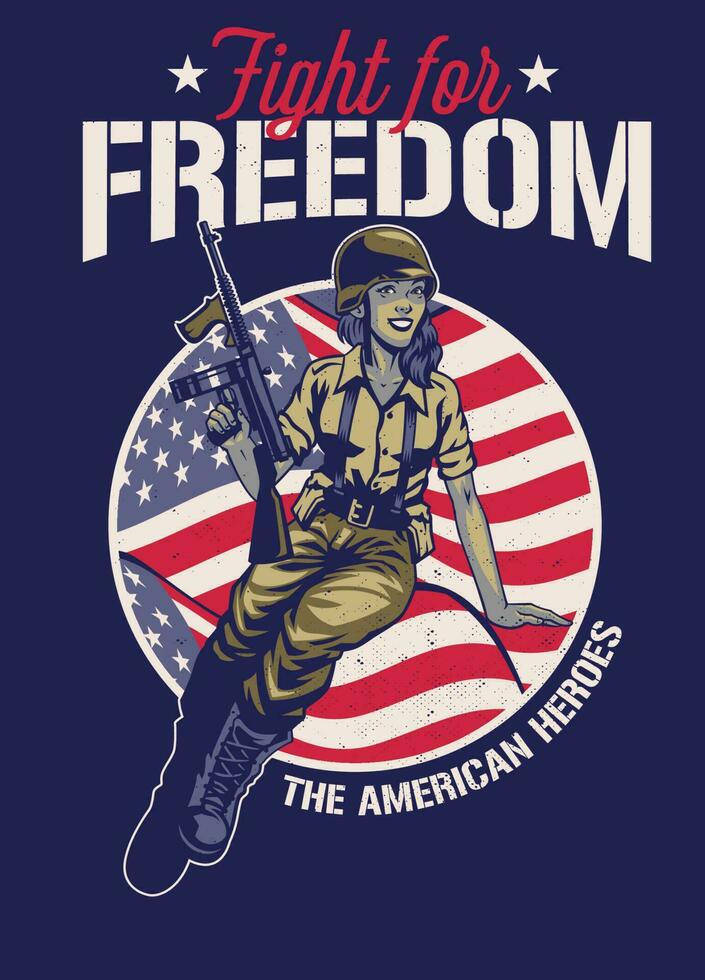 Clásico camiseta diseño de mundo guerra 2 mujer soldado vector
