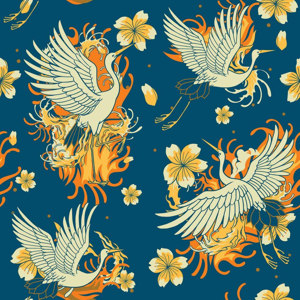 Seamless Pattern of Vintage Heron Bird vector