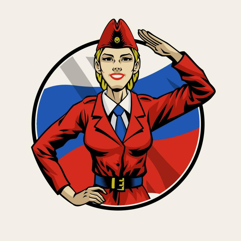 Russian Women Soldier Saluting with Circle Flag Background vector