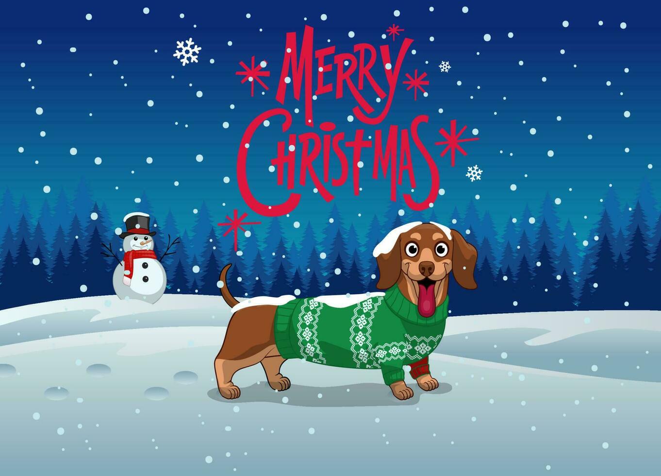 Cartoon Dachshund Dog in the middle of winter with ugly sweater vector