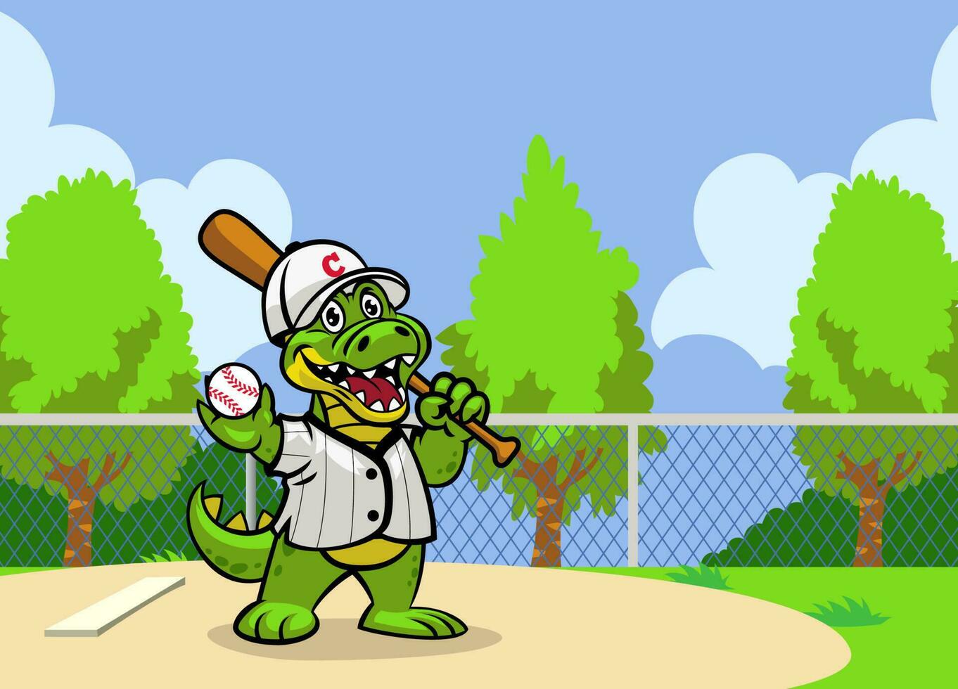 cocodrilo dibujos animados jugando béisbol en el campo vector