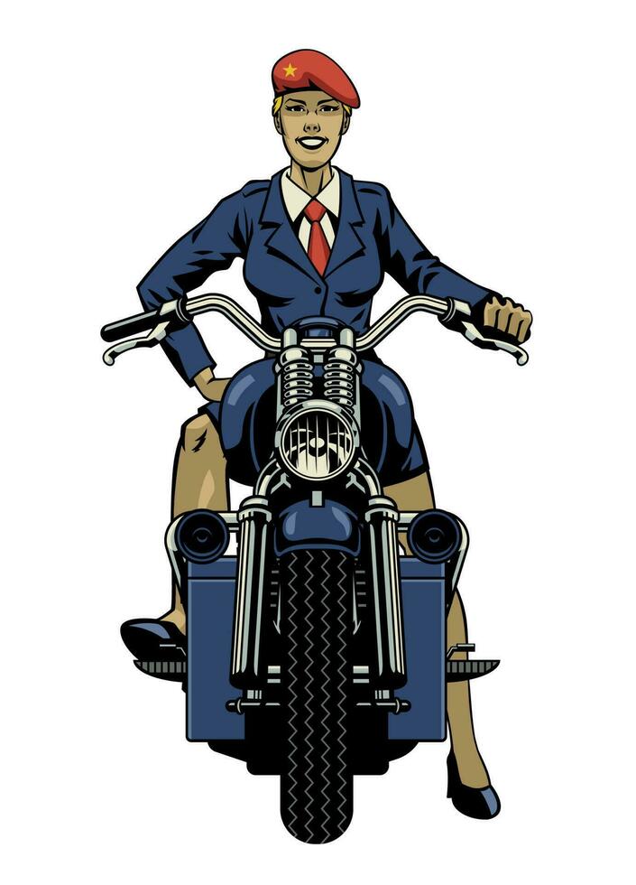 Women Navy Soldier Riding on Motorcycle vector