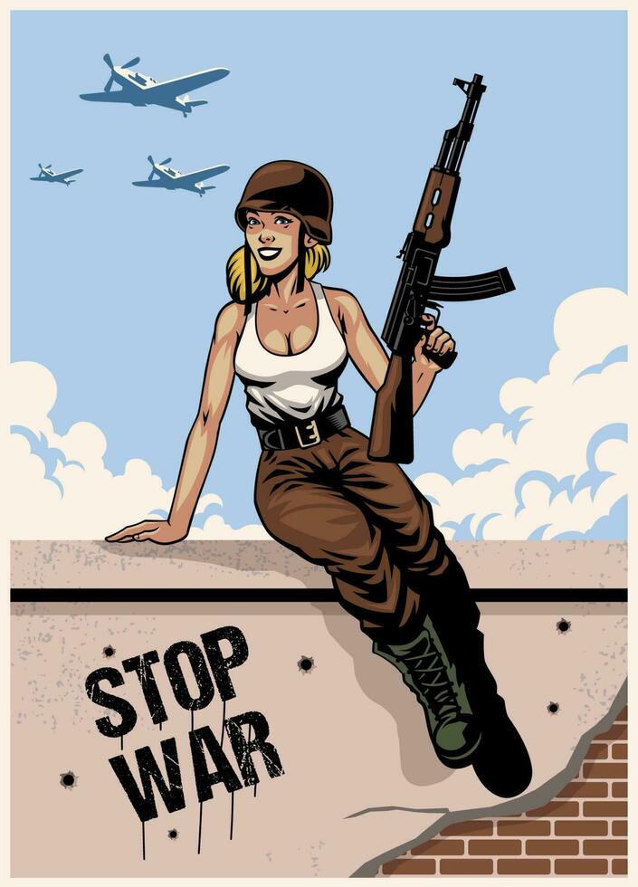 Pin Up Girl Soldier sitting on the wall vector