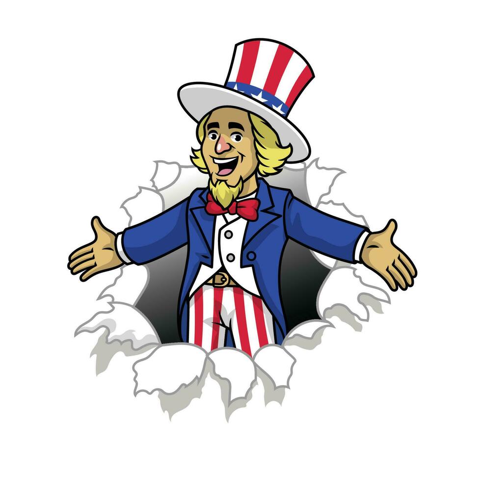 Uncle Sam Cartoon Coming out from ripped Paper vector