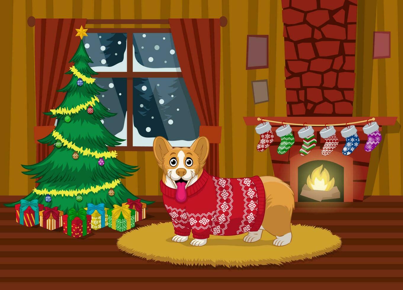 Cartoon Corgi dog enjoying the Christmas in the livingroom vector