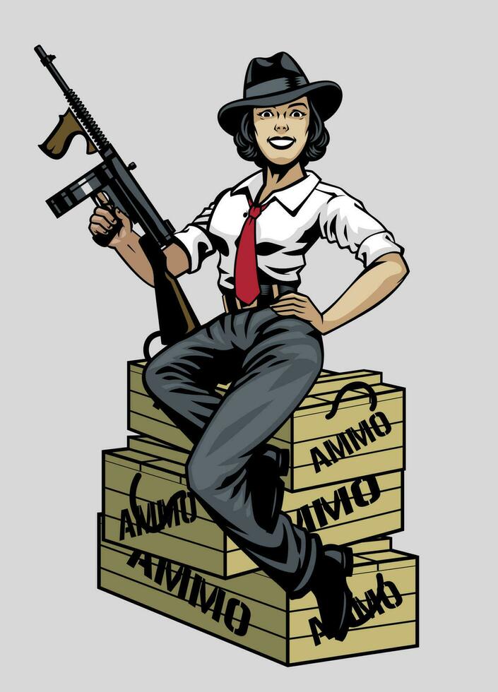 Pin up Girl wearing Mafia suit and hold the gun vector