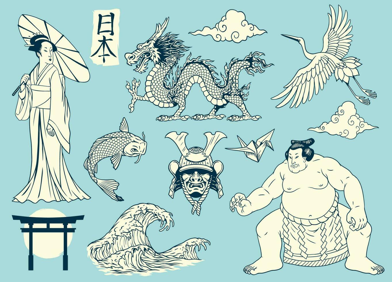set Hand drawn of Japanese Traditional Objects vector