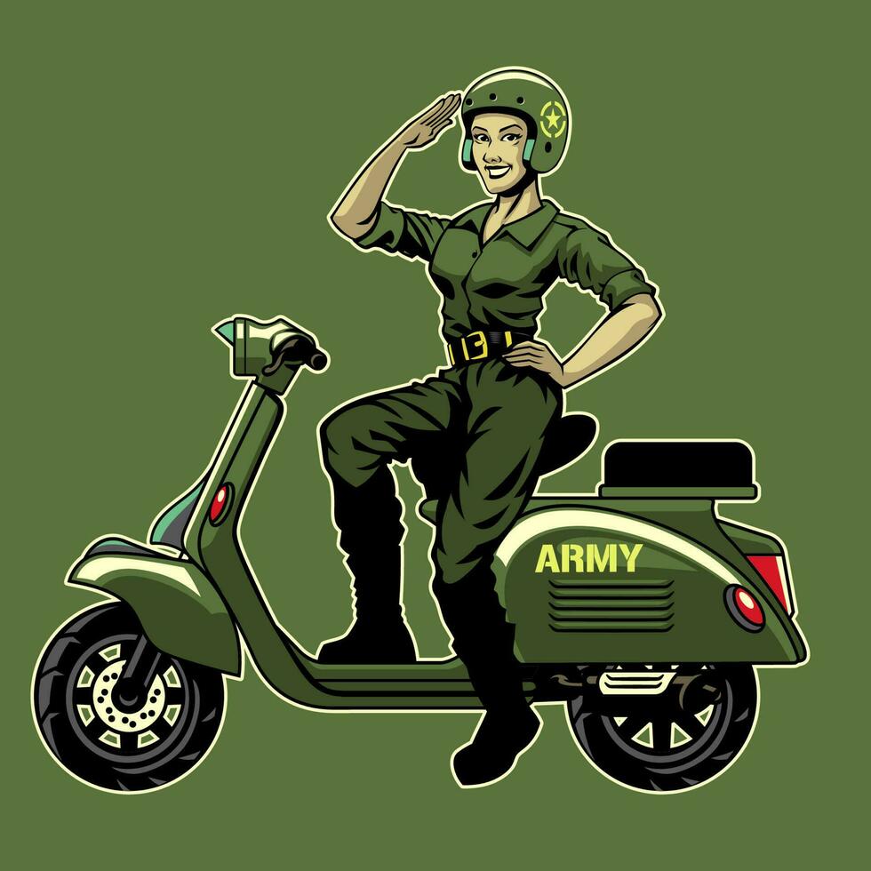 mujer mundo guerra soldado montando el antiguo scooter vector