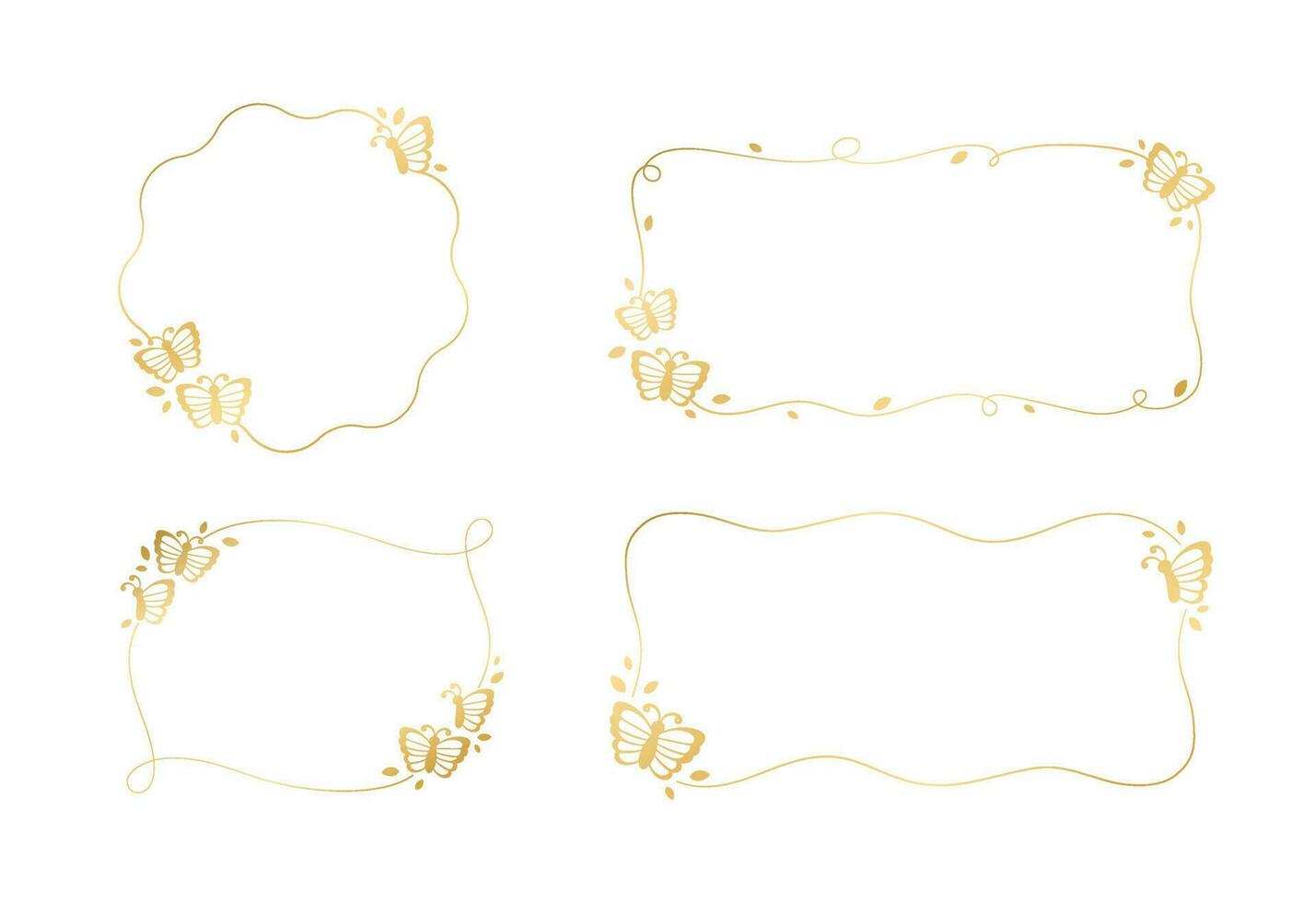Gold butterfly frames vector illustration set. Abstract golden geometric border template for spring and summer. Simple elegant design element.