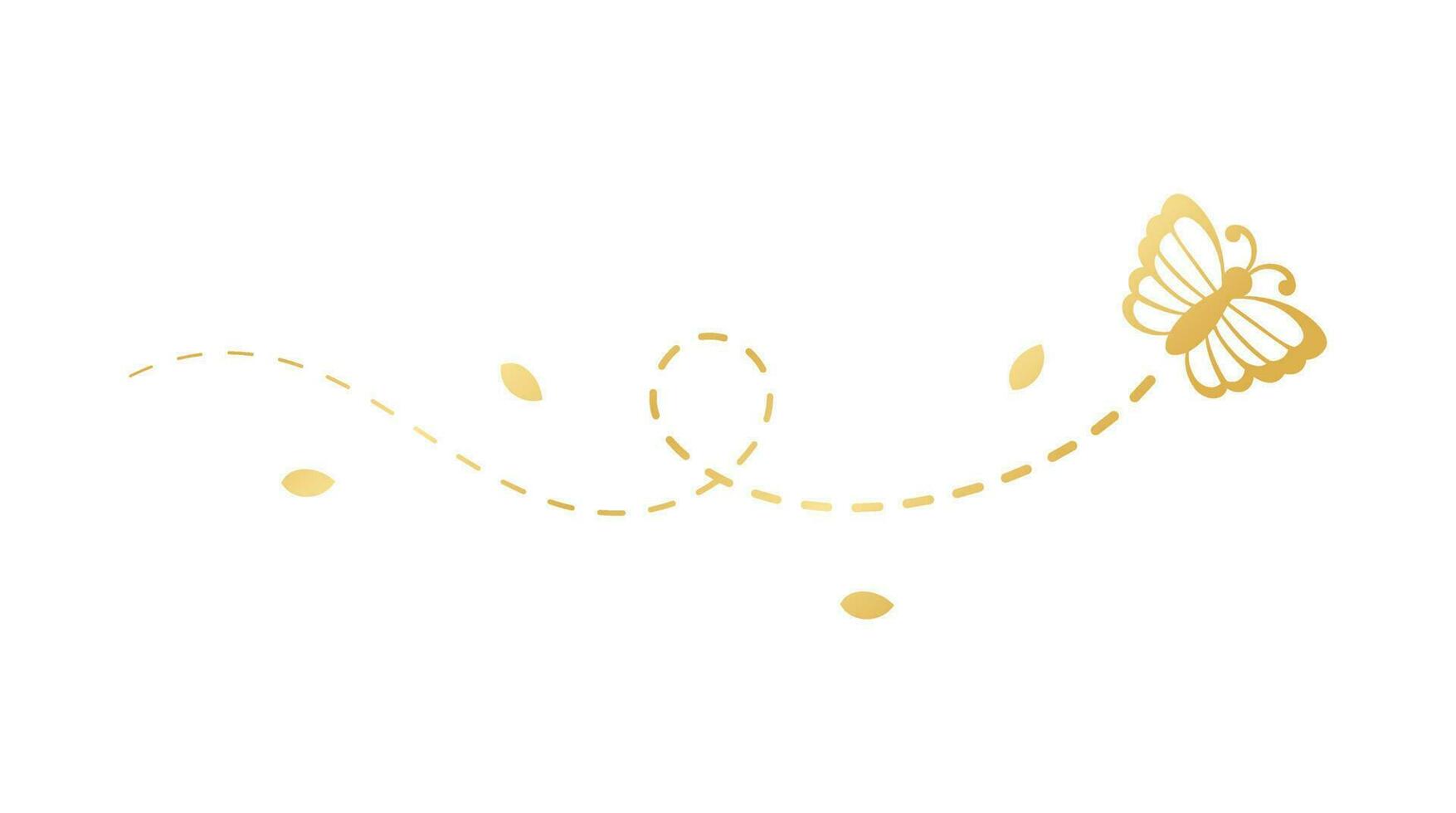 Golden Flying Butterfly with Dotted Line Route. Elegant gold butterflies with open wings trail. Vector design elements for spring and summer.