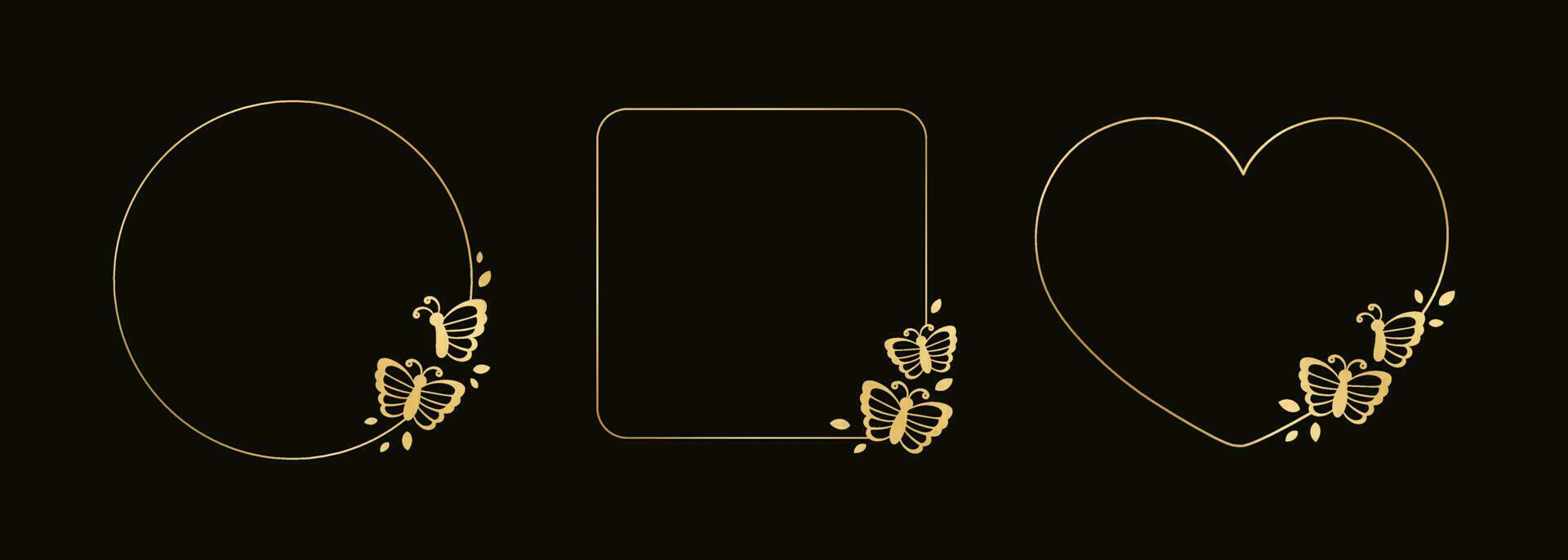 Gold butterfly frames vector illustration set. Abstract golden geometric border template for spring and summer. Simple elegant design element.