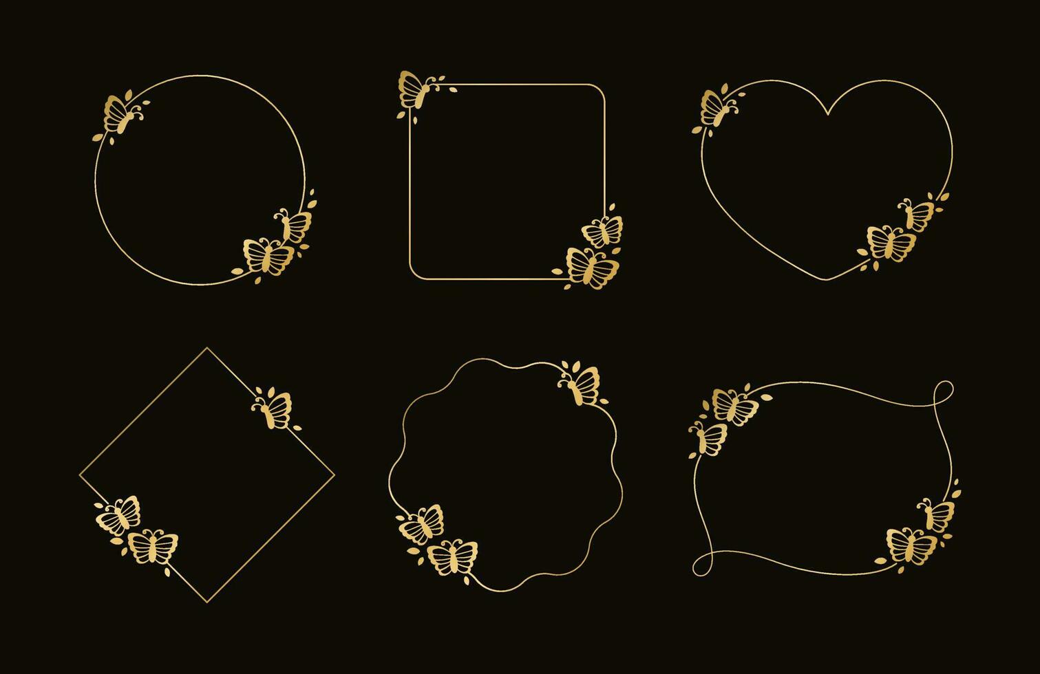 Gold butterfly frames vector illustration set. Abstract golden geometric border template for spring and summer. Simple elegant design element.