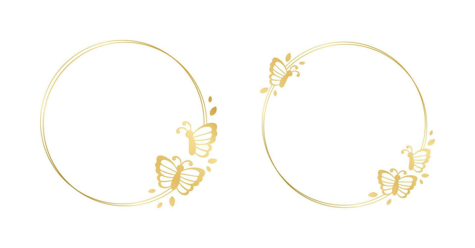 Round gold frame with butterflies silhouette vector illustration set. Abstract golden border for spring summer elegant design elements