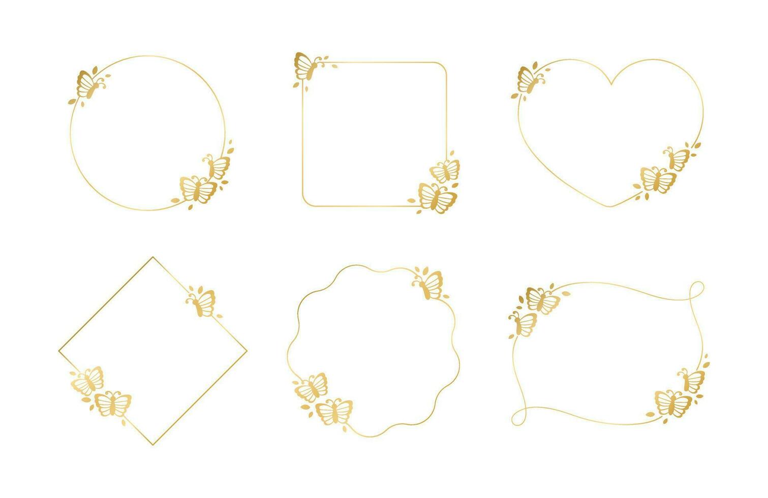 Gold butterfly frames vector illustration set. Abstract golden geometric border template for spring and summer. Simple elegant design element.