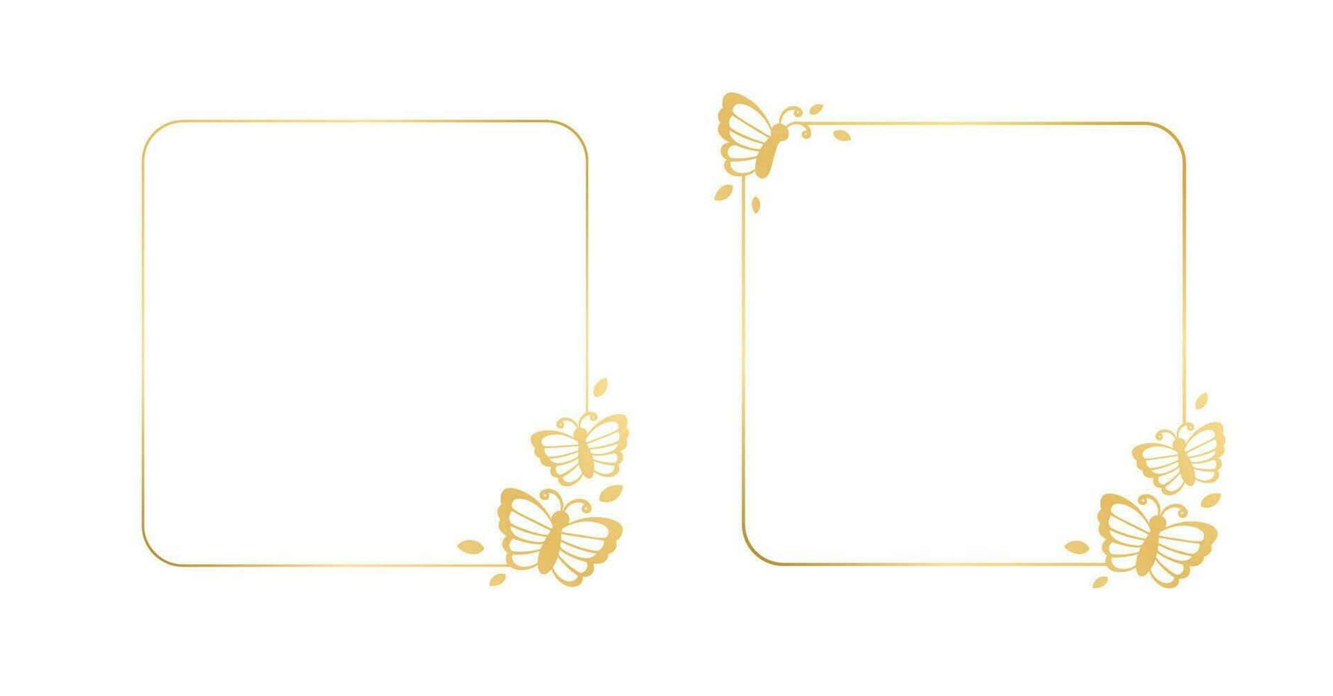 Square gold frame with butterflies silhouette vector illustration set. Abstract golden border for spring summer elegant design elements