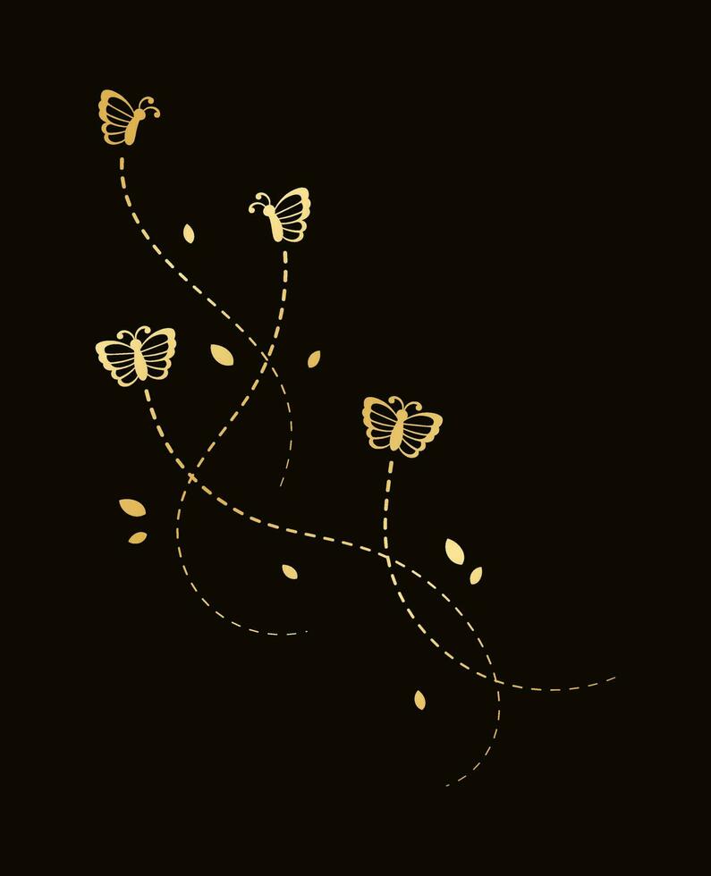 Golden Flying Butterfly with Dotted Line Route. Elegant gold butterflies with open wings trail. Vector design elements for spring and summer.