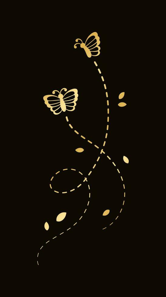 Golden Flying Butterfly with Dotted Line Route. Elegant gold butterflies with open wings trail. Vector design elements for spring and summer.