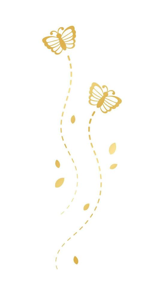 Golden Flying Butterfly with Dotted Line Route. Elegant gold butterflies with open wings trail. Vector design elements for spring and summer.