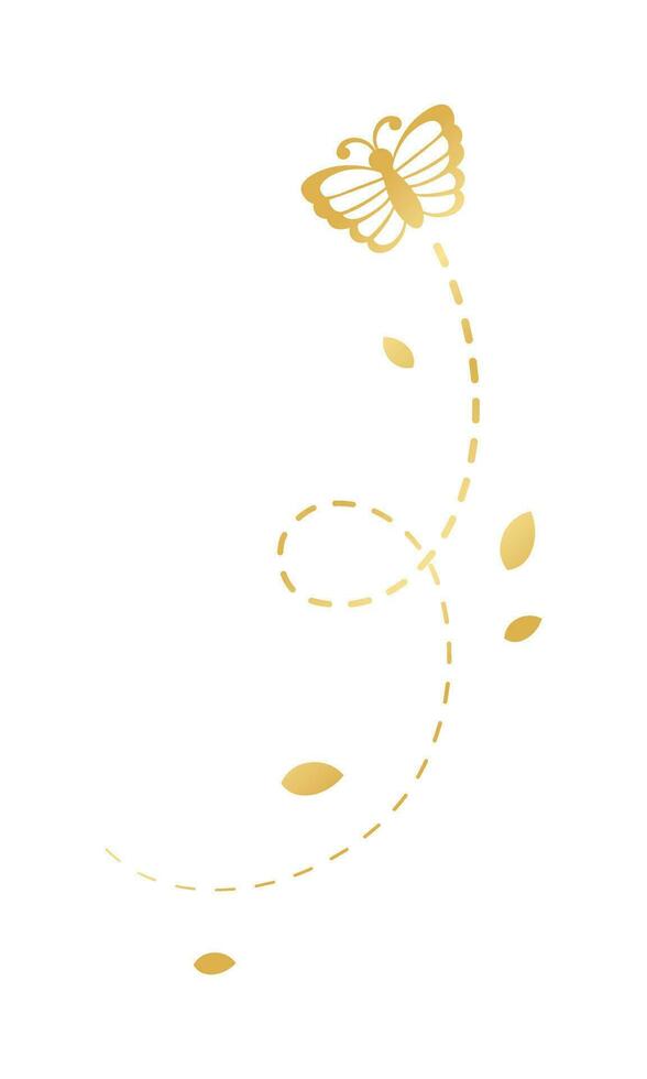 Golden Flying Butterfly with Dotted Line Route. Elegant gold butterflies with open wings trail. Vector design elements for spring and summer.