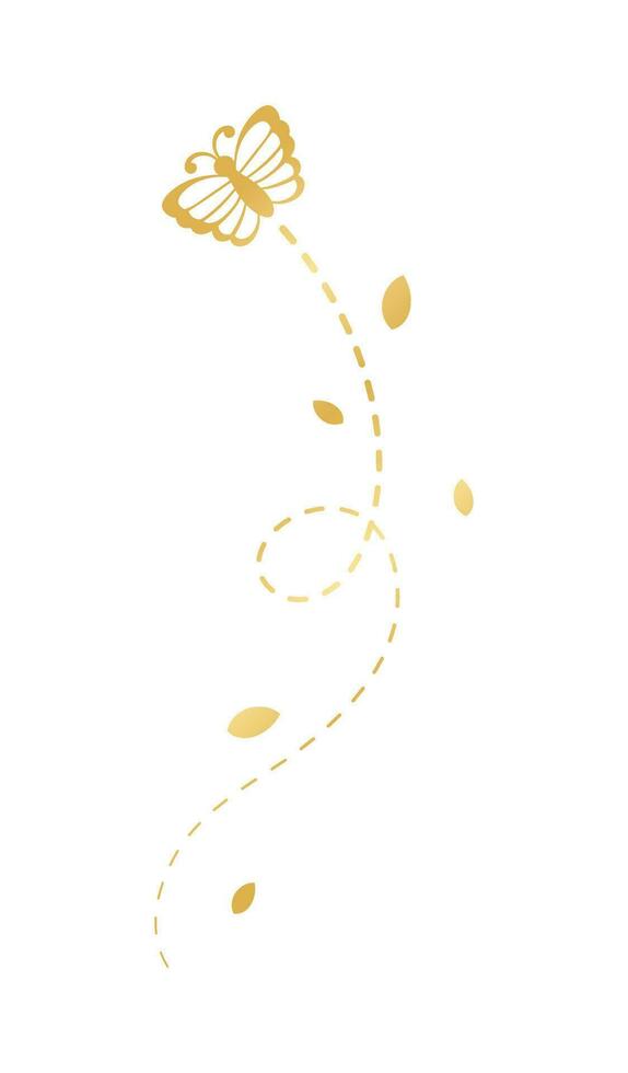 Golden Flying Butterfly with Dotted Line Route. Elegant gold butterflies with open wings trail. Vector design elements for spring and summer.