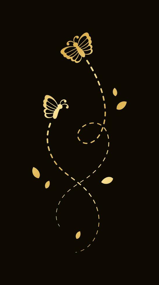 Golden Flying Butterfly with Dotted Line Route. Elegant gold butterflies with open wings trail. Vector design elements for spring and summer.