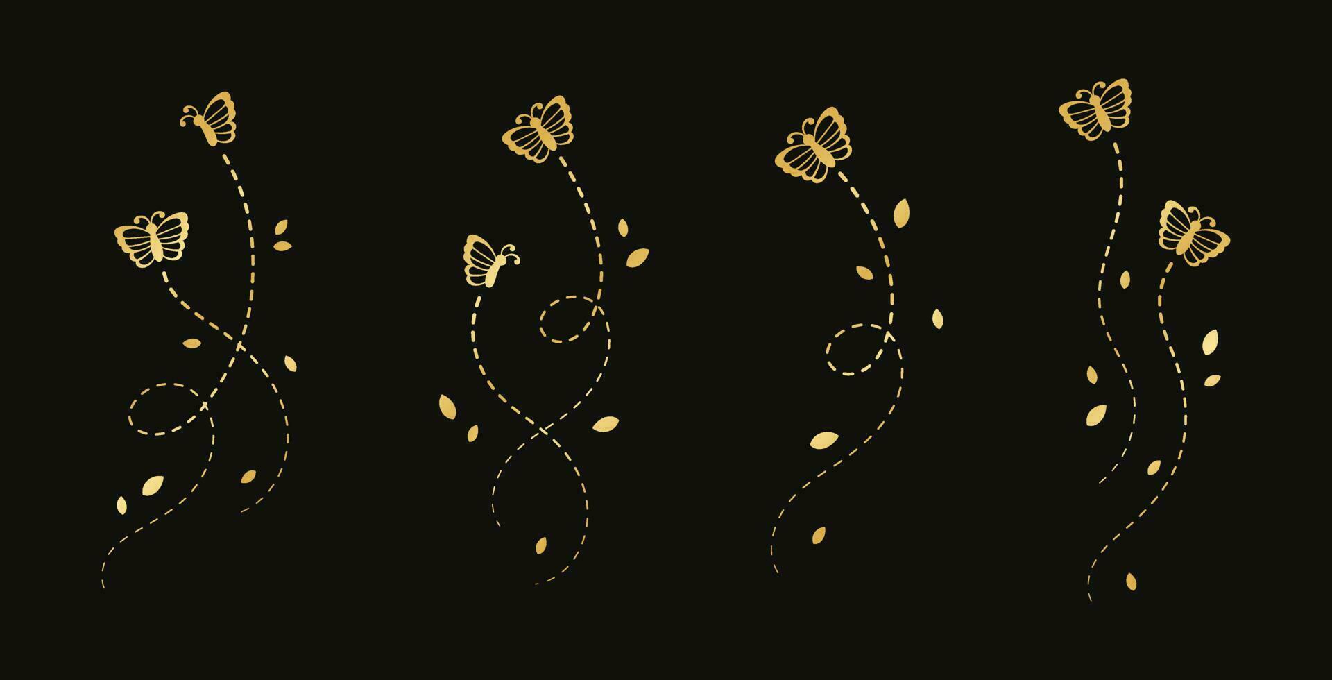 Gold Butterflies Set. Golden Flying Butterfly with Dotted Line Route. Beautiful elegant insects with open wings trail. Vector design elements for spring and summer.